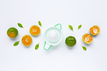 Citrus orange juicer with oranges on white.