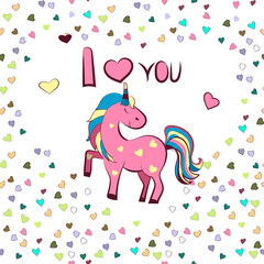 graphics. White heart-shaped frame with the inscription I love you and unicorn . Illustration for Valentine s Day.