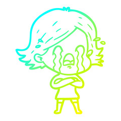 cold gradient line drawing cartoon woman crying