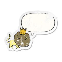 cartoon lion and crown and speech bubble distressed sticker