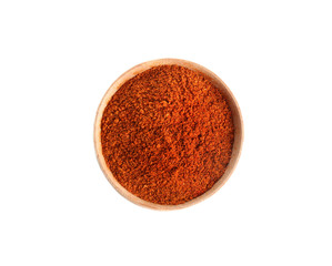 Bowl of ground pepper isolated on white, top view