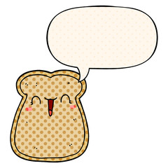 cute cartoon slice of toast and speech bubble in comic book style