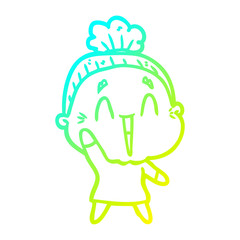 cold gradient line drawing cartoon happy old lady