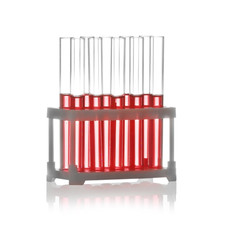 Test tubes with liquid samples in rack on white background. Chemistry glassware