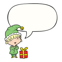 cartoon happy christmas elf and speech bubble