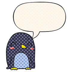 cartoon penguin and speech bubble in comic book style