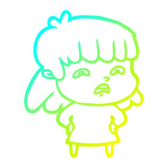 cold gradient line drawing cartoon worried woman