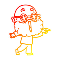 warm gradient line drawing cartoon joyful man with beard pointing finger