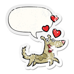 cartoon dog and love hearts and speech bubble distressed sticker