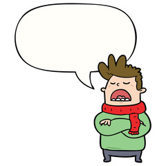 cartoon obnoxious man in winter clothes and speech bubble