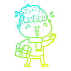 cold gradient line drawing cartoon happy boy surprised