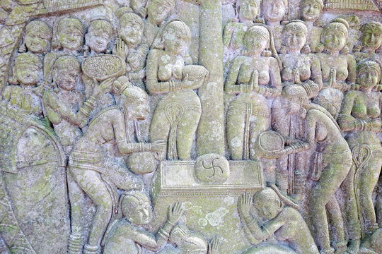 Ancient Thai Sandstone sculpture (Srivijaya peroid) , Surat Thani, Chiya district, Thailand.