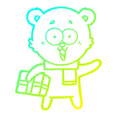 cold gradient line drawing laughing teddy  bear with christmas present