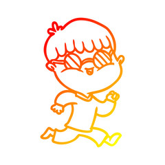 warm gradient line drawing cartoon boy wearing sunglasses and running
