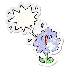 cartoon flower and speech bubble distressed sticker