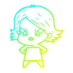 cold gradient line drawing cartoon stressed woman