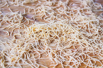 Homemade noodles from dough for soup. Close-up. Background. Texture.