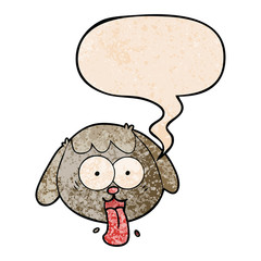 cartoon dog face panting and speech bubble in retro texture style