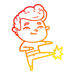 warm gradient line drawing happy cartoon man kicking