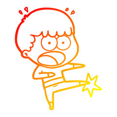 warm gradient line drawing cartoon boy karate kicking