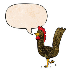 cartoon rooster and speech bubble in retro texture style