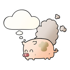 cartoon smelly pig and thought bubble in smooth gradient style