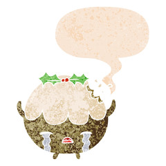 cartoon chrstmas pudding and speech bubble in retro textured style