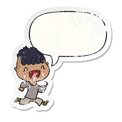 cartoon happy boy laughing and running away and speech bubble distressed sticker