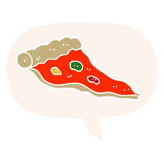 cartoon pizza and speech bubble in retro style
