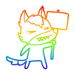 Obraz premium rainbow gradient line drawing angry wolf cartoon with placard