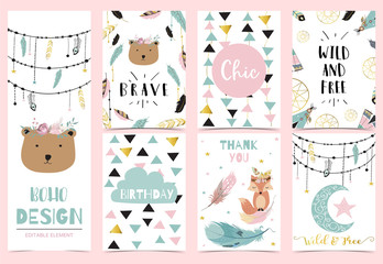 Collection of boho cards set with feather,dreamcatcher,bear.Vector illustration for birthday invitation,postcard and sticker.Editable element