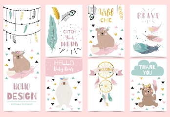 Collection of boho cards set with feather,dreamcatcher,bear.Vector illustration for birthday invitation,postcard and sticker.Editable element