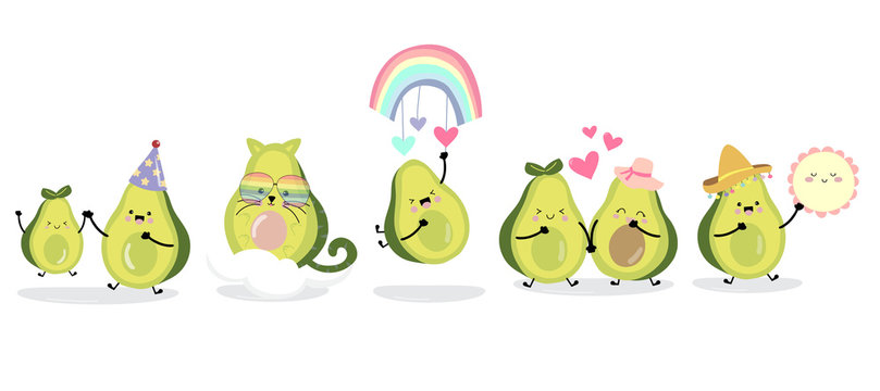 Cute Avocado Character With Friend. Vector Illustration For Birthday Invitation,postcard And Sticker