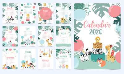 Fototapeta na wymiar Animal calendar 2020 with elephant,giraffe,tiger,fox,parrot for children.Can be used for printable graphic