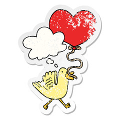 cartoon bird with heart balloon and thought bubble as a distressed worn sticker