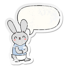 cute cartoon rabbit and speech bubble distressed sticker