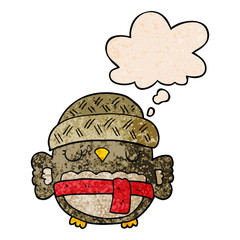cute cartoon owl in hat and thought bubble in grunge texture pattern style