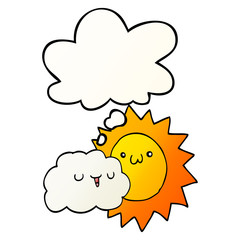cartoon sun and cloud and thought bubble in smooth gradient style