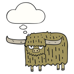 cartoon hairy cow and thought bubble