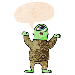 cartoon halloween monster and speech bubble in retro textured style