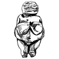Venus of Willendorf. Paleolithic female sculpture. Great Mother goddess archetype. Hand drawn doodle sketch. Black and white silhouette. © Olena
