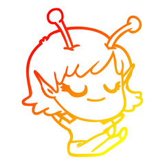 warm gradient line drawing smiling alien girl cartoon sitting