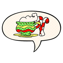 cartoon christmas cocoa and candy canes and speech bubble in comic book style