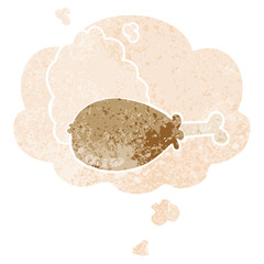 cartoon chicken leg and thought bubble in retro textured style
