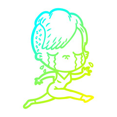 cold gradient line drawing cartoon crying girl running