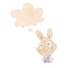 cartoon rabbit shrugging shoulders and thought bubble in retro textured style