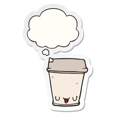 cartoon coffee cup and thought bubble as a printed sticker