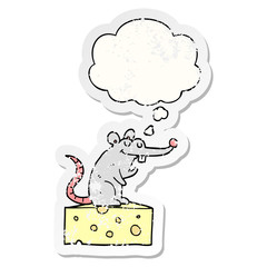 cartoon mouse sitting on cheese and thought bubble as a distressed worn sticker