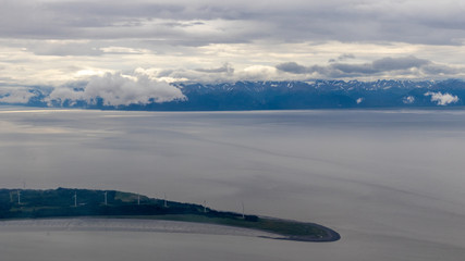 Aerial view of Alaskan landscape from plane landing in Anchorage
