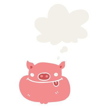 cartoon happy pig face and thought bubble in retro style